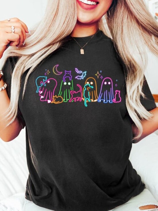 Tops - Neon Halloween Ghosts Cats T-shirt
